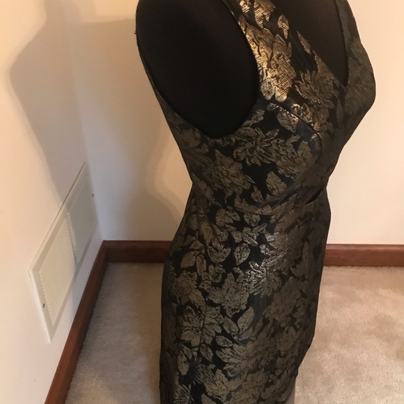 Lush Womens Small Black Gold V Neck Sleeveless Gold Floral Tank Dress Lined - Picture 4 of 10